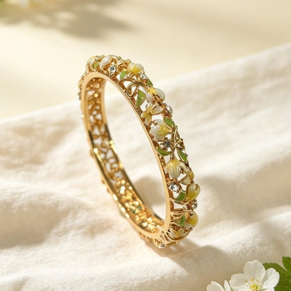 Enamel Chinese Flower Bangle Hollowed Floral Women's Hand Bracelet Vintage Cloisonne Bangle  Ladies