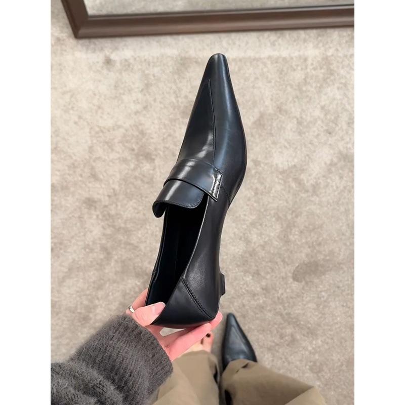 Sheepskin retro pointed temperament kitten heel single shoes shallow mouth professional commuting small leather shoes women's French thick heel loafer