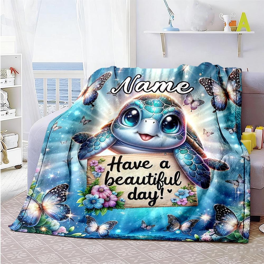 Turtle Butterfly Customize Text Blanket Lightweight Personalized Blanket Warmthful Decor Throw For Sofa Picnics Chair Office Chair All-Season Use