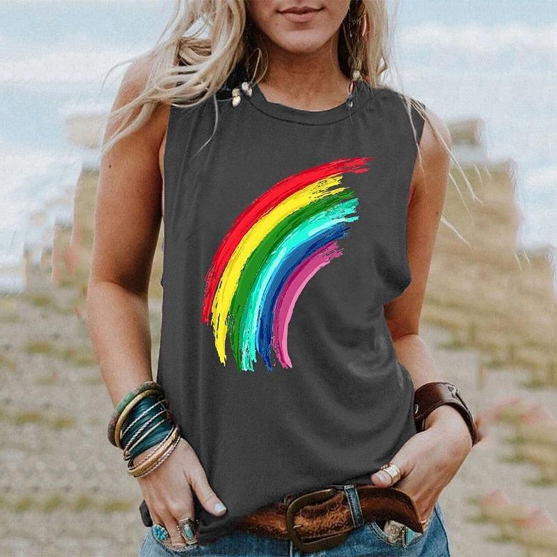 Canottiere Arcobaleno Estive Stampa 3D Donna Moda Casual Streetwear Oversize Scollo a O Canotta Senza Maniche Spalle Scoperte Donna Canottiera