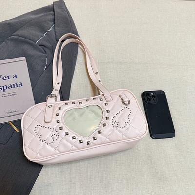 Fashion Solid PU Y2K Heart Window Shoulder Bag Rivets Vintage Boston Style Underarm Purse Hot Sale Sweet Youth Women's Handbag