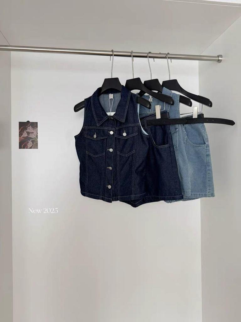 2026 Summer Denim Hong Kong Style: Sleeveless Top & High-Waisted Shorts Set