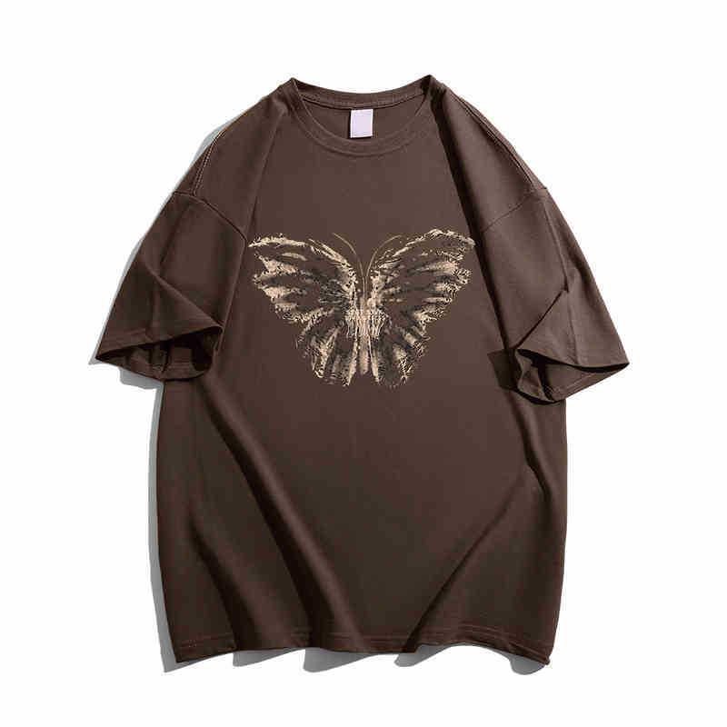 

Жіноча футболка великого розміру в стилі ретро винного кольору з короткими рукавами та принтом метелика L (95-120 jin recommended) кавовий