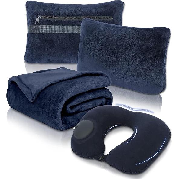 Travel Blanket and Pillow Set - Portable Inflatable Travel Neck Pillow and Premium Soft Airplane Blanket with Built-in Soft Bag, Neck Snaps, Zippered
