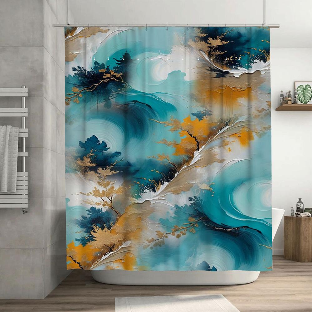 Modern Style Shower Curtain With Blue Gold Abstract Design For Bathroom Decor Waterproof Bath Mat Set, Perfect Gift Idea (Size: