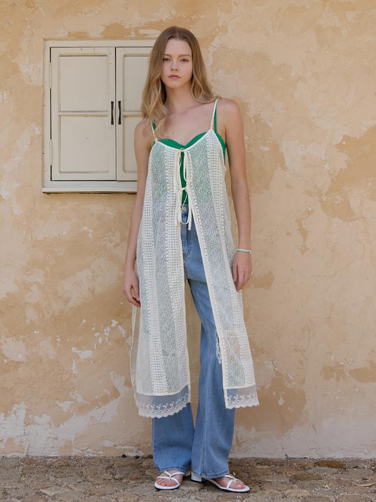 Le Studio Lace Cotton Open Long Dress_Cream