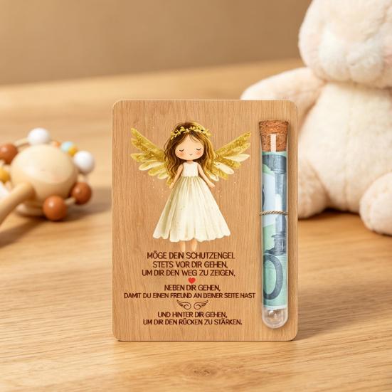 Engels-Holz-Geldkarte mit Reagenzglas-Schlitz Taufe Geburtstagsgeschenk für Jungen Mädchen Taufe Andenken Geldhalter Einzigartiges Erstkommuniongeschenk
