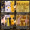 LOLStar New Years Eve Party Supplies 2026, 2 Pack Black Gold Silver Star Pattern New Years Decorations 3.3X6.6 Ft Foil Fringe Curta NYE Backdrop