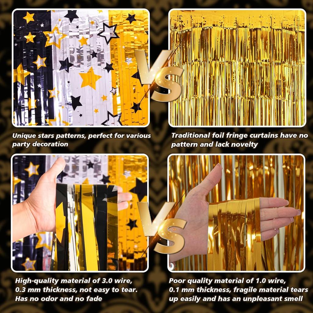 LOLStar New Years Eve Party Supplies 2026, 2 Pack Black Gold Silver Star Pattern New Years Decorations 3.3X6.6 Ft Foil Fringe Curta NYE Backdrop