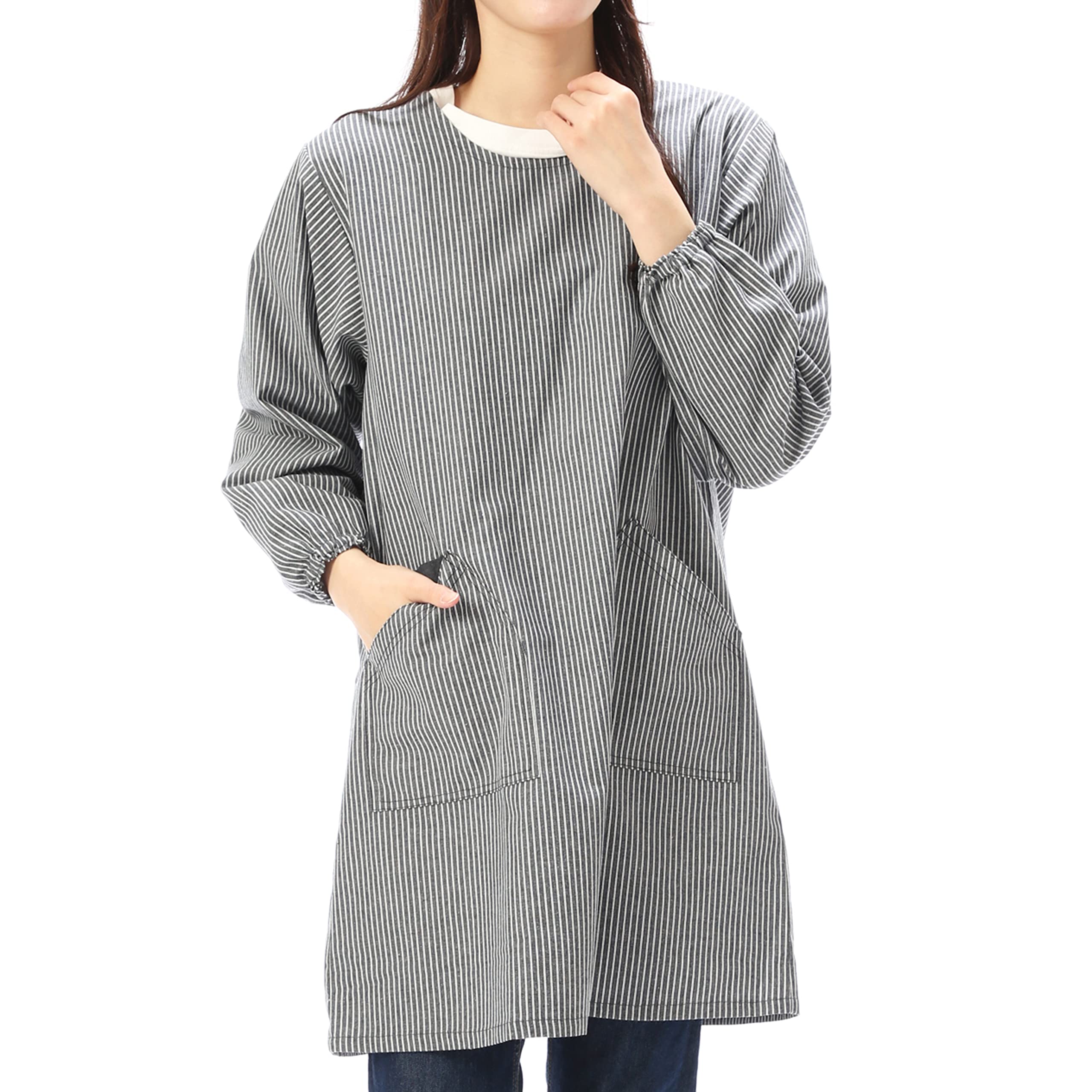 

NISHIKI Women s Apron, Cotton-Polyester Blend, Wrinkle-Resistant (ML/LL Sizes Available), with Pockets and Sleeves (Black Stripe: B/LL/kk2207)
