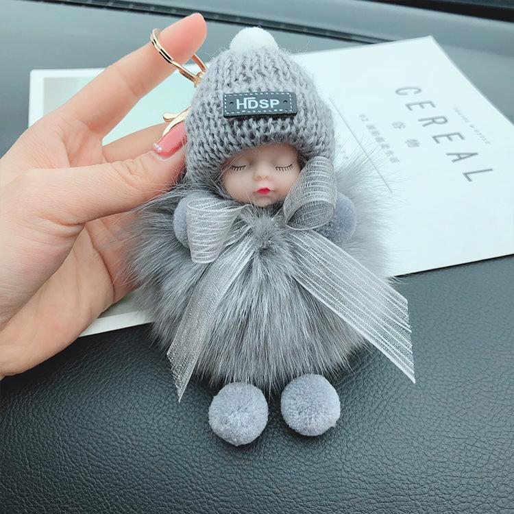 Korean Bow Keychain: Squinting Doll with Fox Fur Pendant - A Unique Japanese and Korean Gift