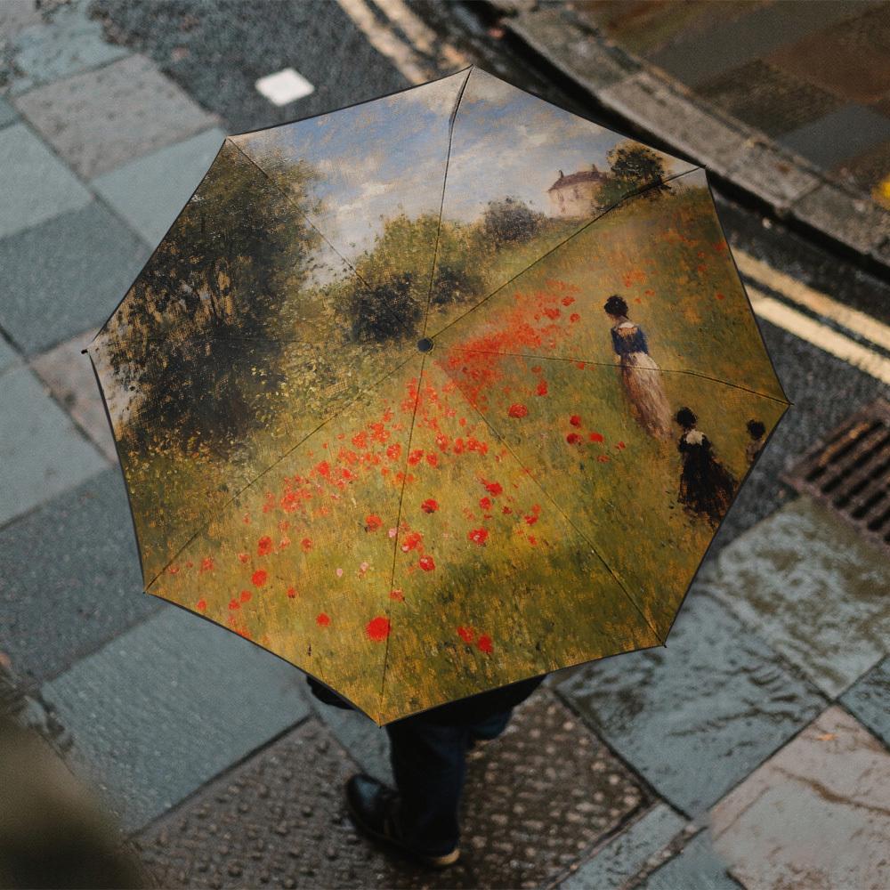 1pc Poppy Field Stroll Umbrella - Monet-Inspired French Landscape Design (Poppies & Giverny), Auto Open/Close, 8-Rib Reinforce