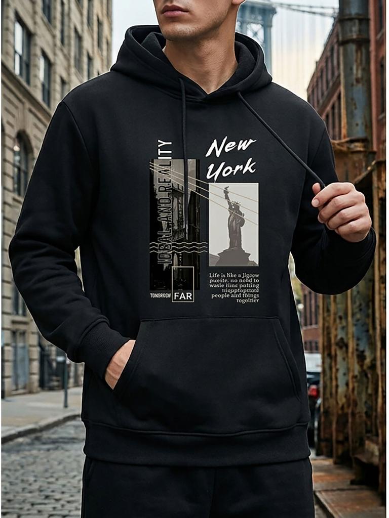Men'S Casual Hoodie with Statue of Liberty Print - Comfortable Polyester Pullover, Kangaroo Pocket, Long Sleeve - Front Or Back Print Available, Light