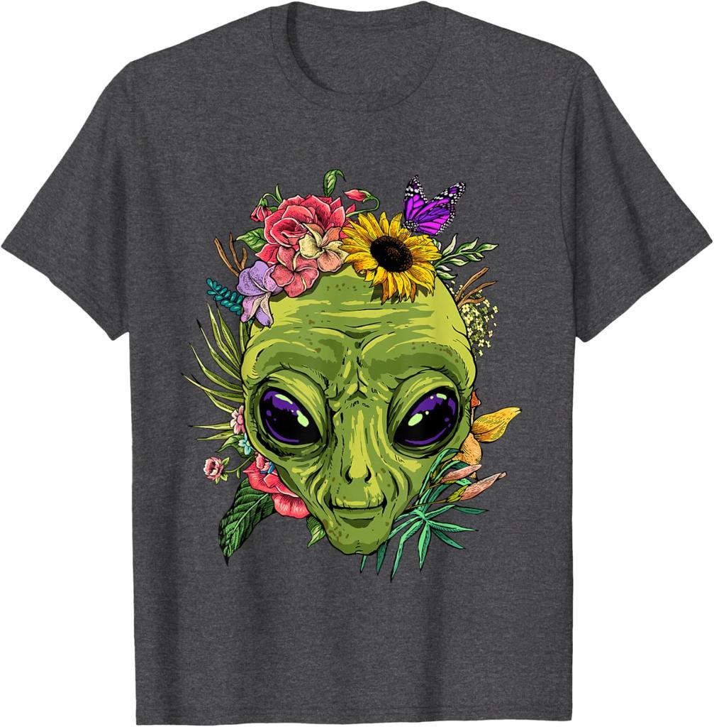 Alien mit Blumen Grafik-T-Shirt Herren Lässig Sommerausflug Rundhals-T-Shirt