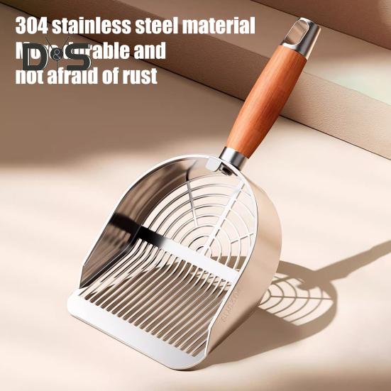 Katzenstreuschaufel aus Metall mit Halter, Haustierkotschaufel mit ergonomischem Holzgriff, schnelle Siebschaufel, Katzenbedarf