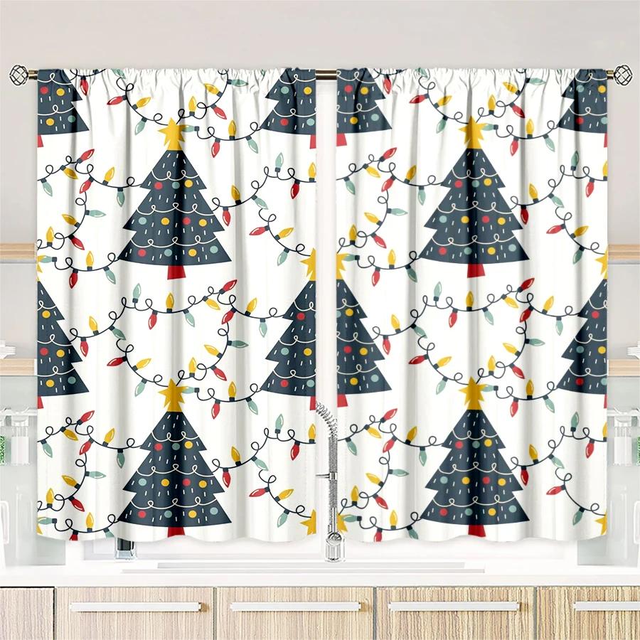 Christmas Tree Snowflake Pattern Printed Curtains Decorations Home Room Curtain Set Of 2 Made Polyester Washable