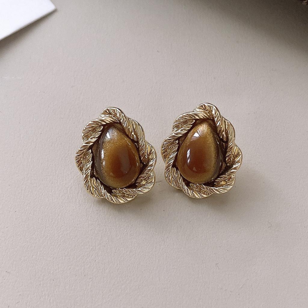 Maillard coffee color love gourd tiger's eye stone earrings earrings earrings design sense