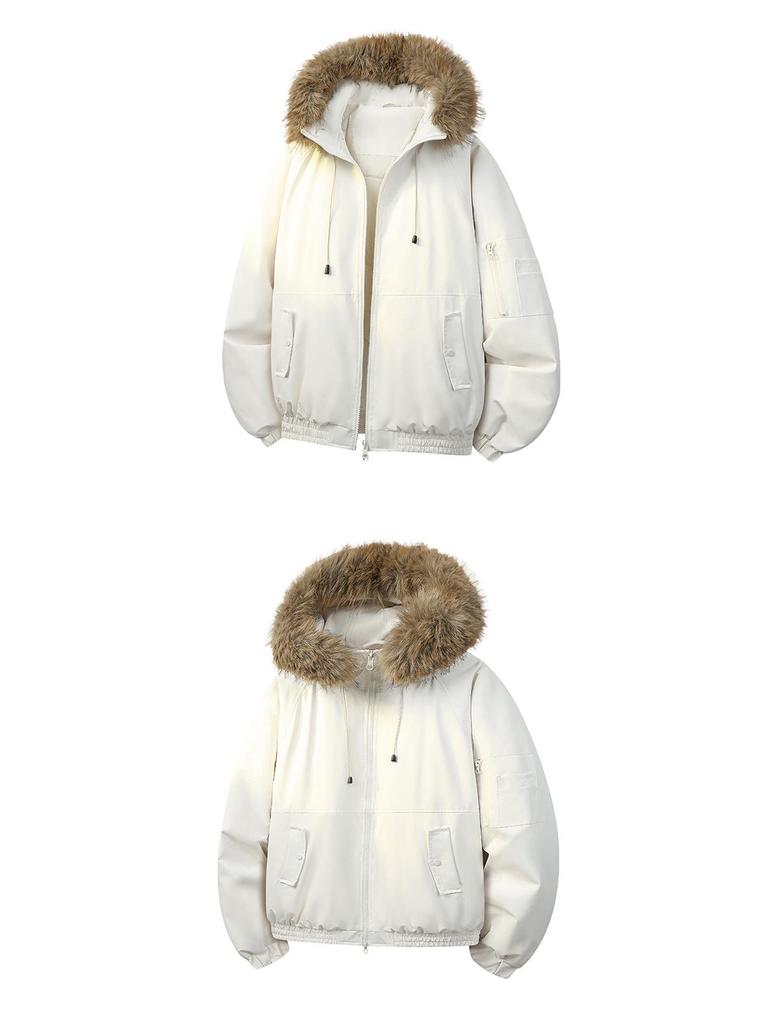 Winter Cotton Hooded Jacket with Removable Fur Collar - Windproof, Warm, and Lightweight for Couples