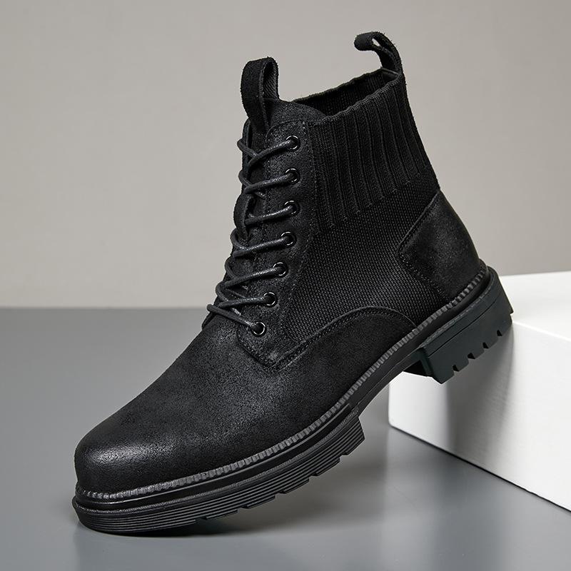 

European and American trend Martin boots British style thick-soled high-top men s tooling lace-up boots elastic leather outdoor mountaineering boots 39 чёрный