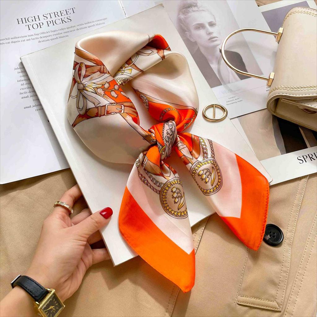 Luxury Chain Print Silk Square Scarf Women Soft Satin Silk Thin Neck Scarf Fashion Sunscreen Headscarf Woman 70x70cm