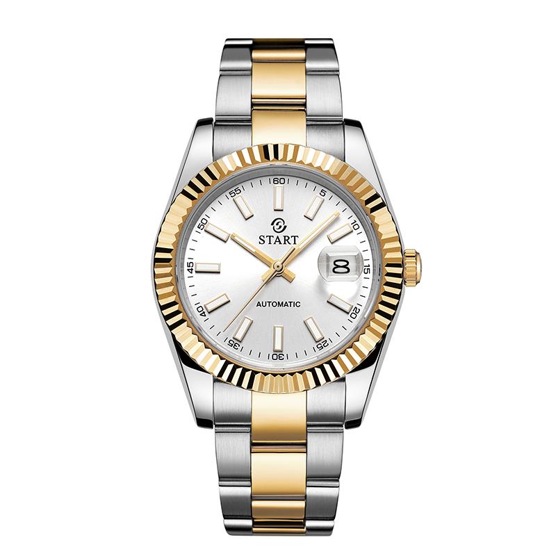 

START-Мужские механические часы с функцией календаря, водонепроницаемые часы, золотистые часы со светящейся шкалой и циферблатом серебряный