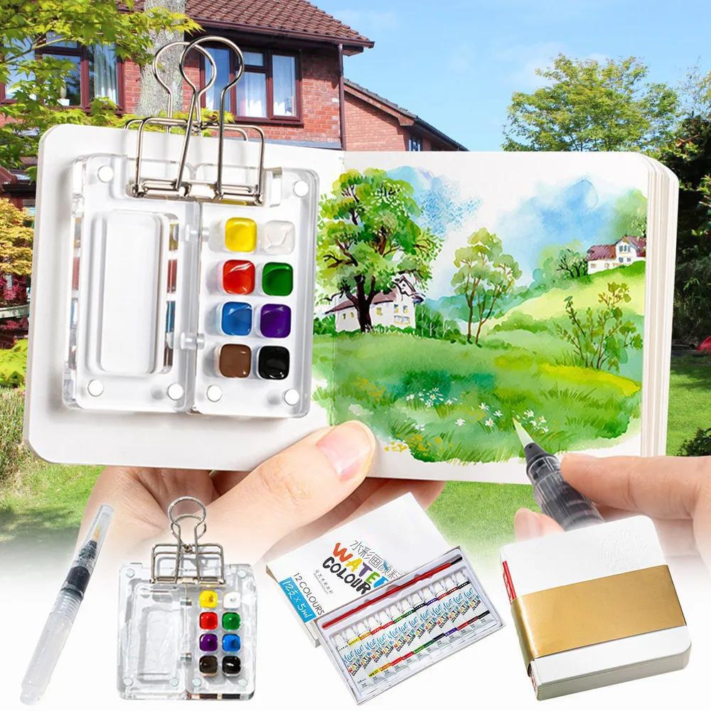 Travel portable painting set mini watercolor paint acrylic box portable ledger sketchbook color palette small drawing board