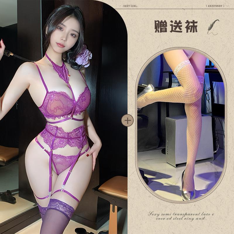 Sexy lingerie pure lace pure desire hollow strap pajamas purple waist uniform free set