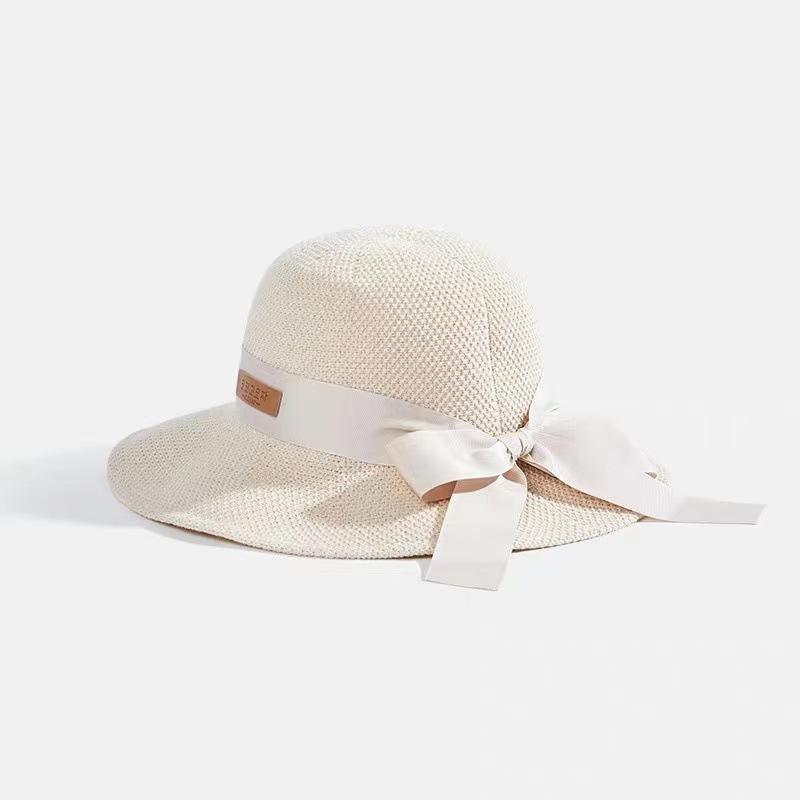 

Соломенная шляпа с бантом, женская летняя защита от солнца, вязаная шляпа от солнца, универсальная шляпа-ведро с солнцезащитным козырьком, тренд Adult (56-58cm) бежевый