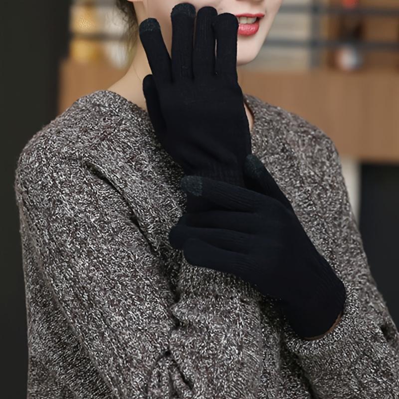 1 Pair Unisex Winter Full Finger Knit Gloves, Touch Screen Thermal Gloves for Outdoor Cycling