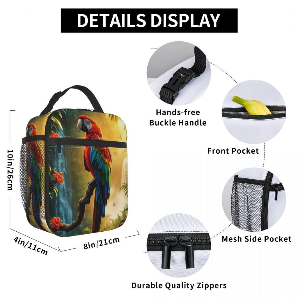 Tropisches A-Wald-Papageien-Design Isolierte Lunchtasche für Damen Kinder Tragbare Lebensmittelboxen Thermische Lunchbox Tragetasche