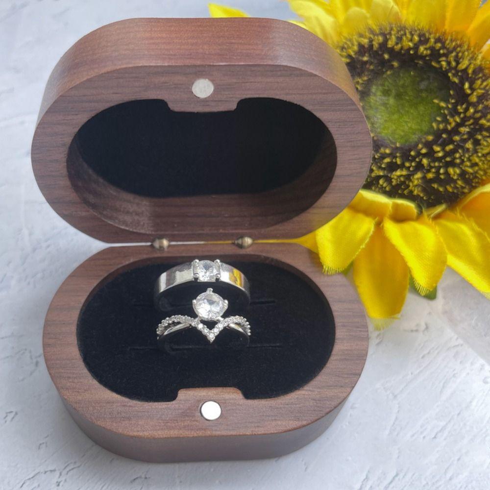 Handmade Wedding Ring Box Wooden Portable Ring Display Box Magnet Closure Double Slots Jewelry Storage Show Case
