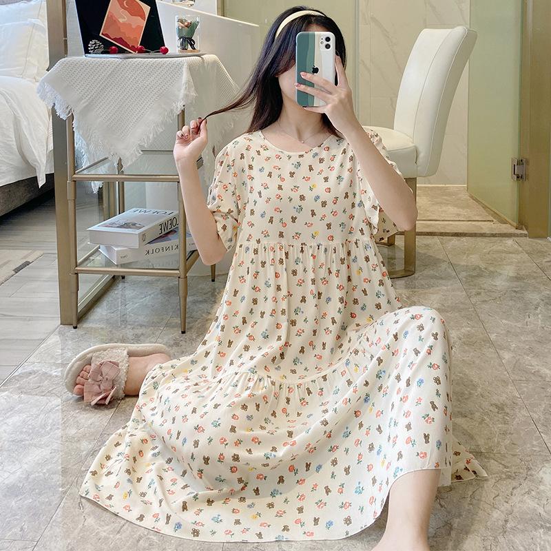 1011 new nightdress full cotton silk three-section short-sleeved long dress home round neck flower cartoon skirt enlarged and loose