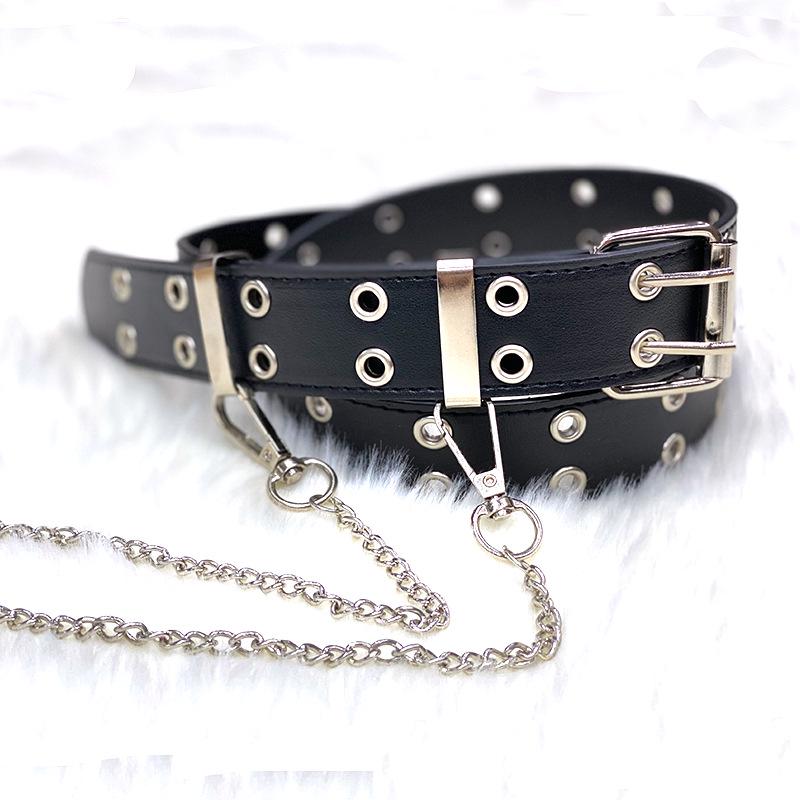 European & American Hip-Hop Punk Style Leather Eyelet Belt with Chain Decoration