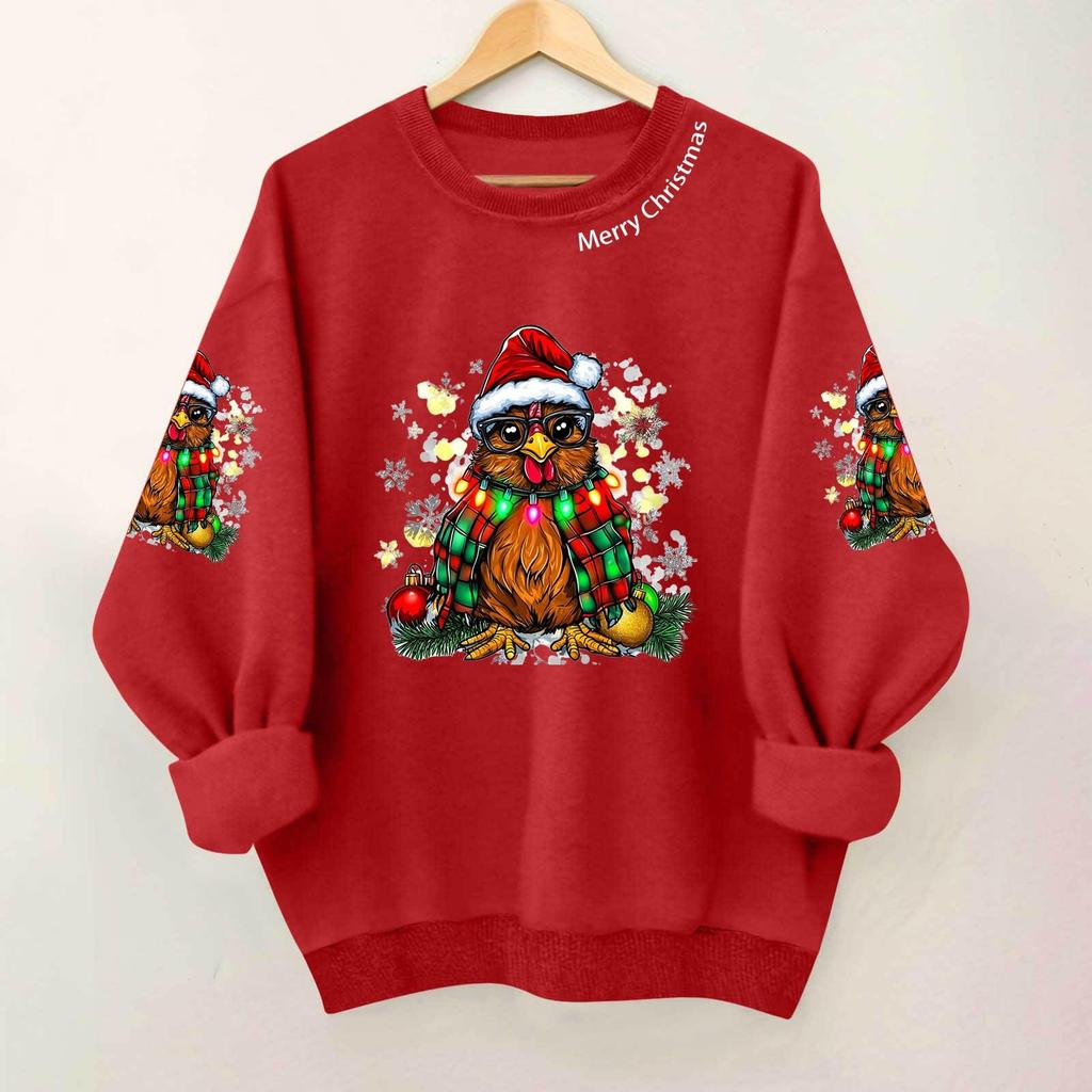 Ladies' Casual And Fashionable Round Neck Top With Christmas Print Hooded T-shirt Long Sleeved Sweatshirt