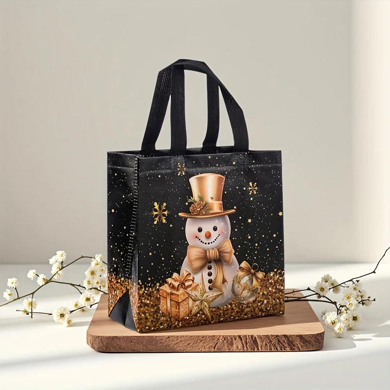 1 STuks met Handvatten Sneeuwpop Cadeautassen Zwart & Gouden Kerstboom & Kous Ontwerp Tote Bags Waterdicht