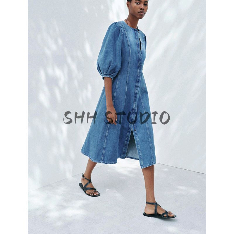 Spring and Summer New Women's Clothing Thread Decoration round Neck Puff Sleeves Washing Effect Denim Dress 5216060