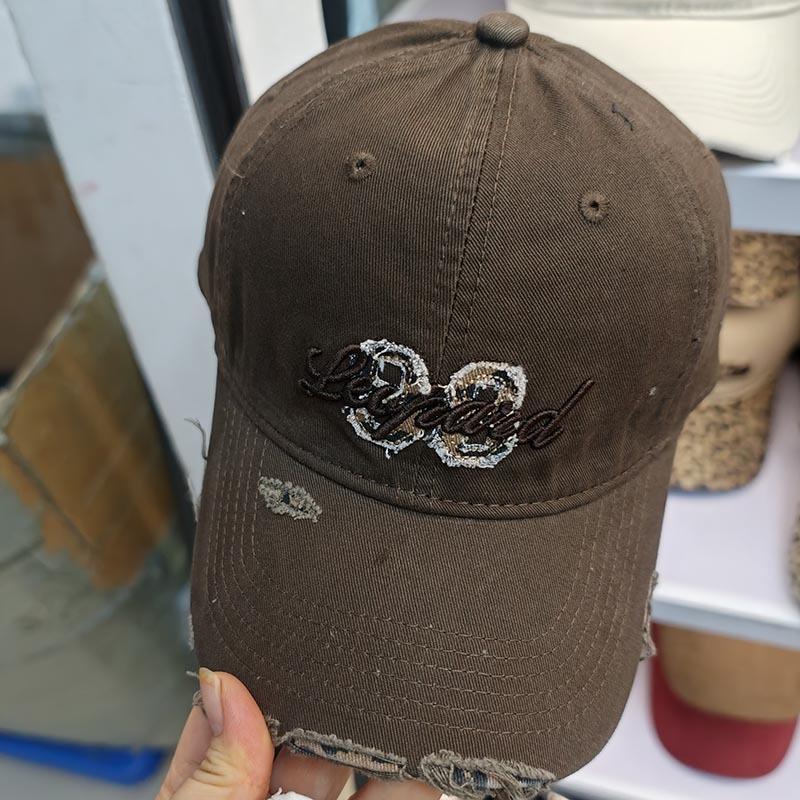 American retro embroidered baseball cap burr edge broken brim soft top cap leopard print men's and women's street versatile sun hat