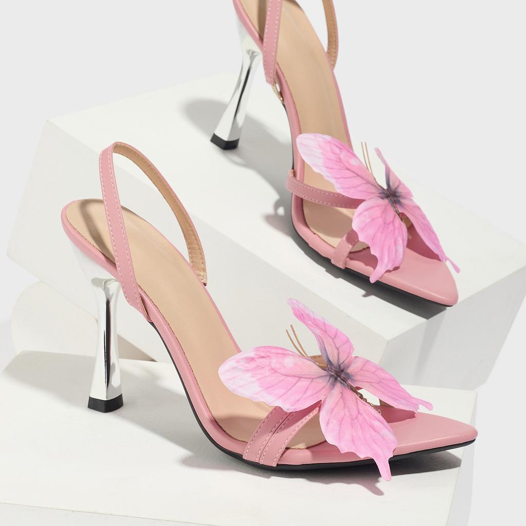Ladies pointed three-dimensional butterfly decoration electroplated heel stiletto sandals women's shoes pink high heels