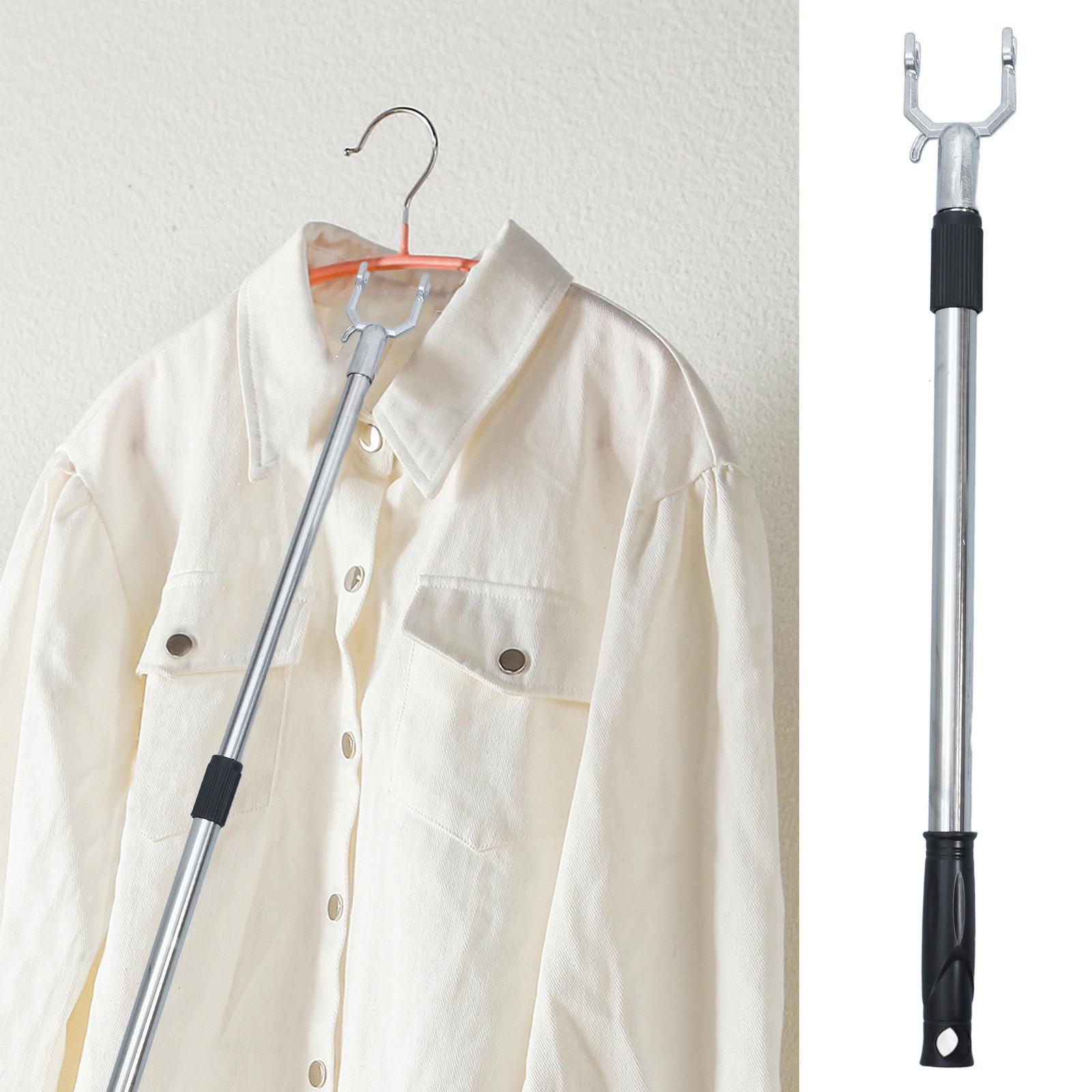Stainless Steel Retractable Clothes Fork Clothing Rack Ceiling Reaching Pole Closet Long Clothes Drying Rod Heavy Duty 54X6X2.5CM