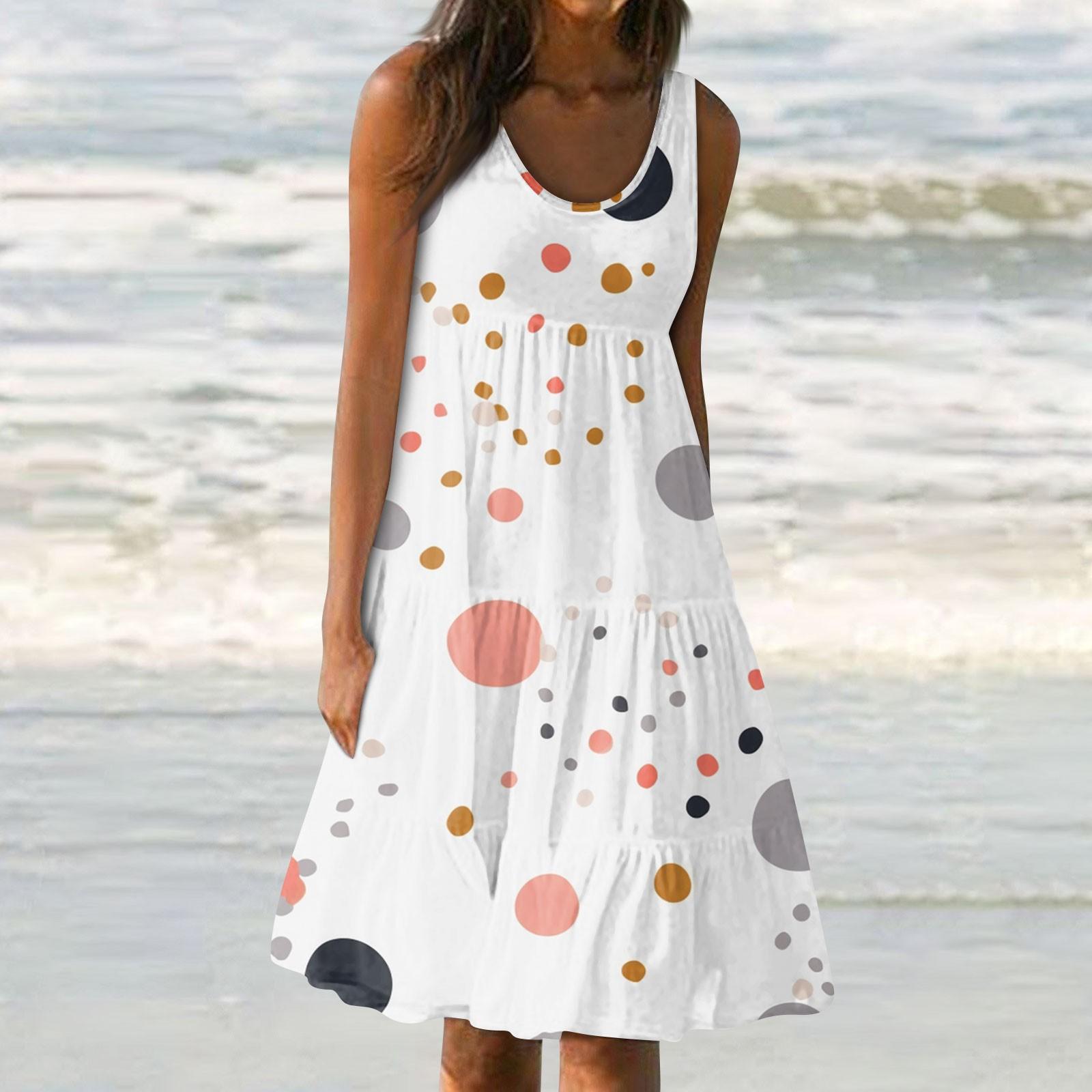 

Женские платья-жилеты Лето-весна Плиссированные богемные платья Симпатичные струящиеся пляжные платья без рукавов Прямая футболка Платья-майки Платья с круглым вырезом S