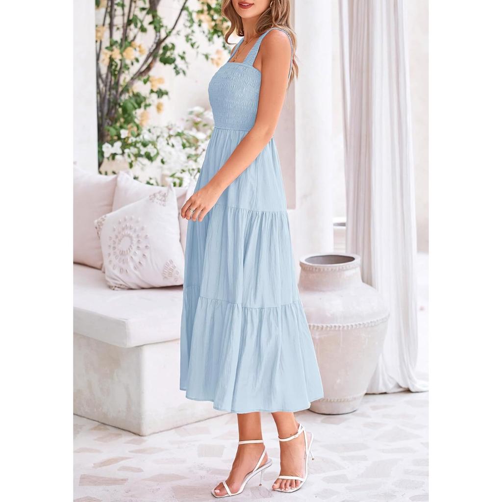 Summer Boho Sleeveless Strappy Smocked Tiered Maxi Casual Dress