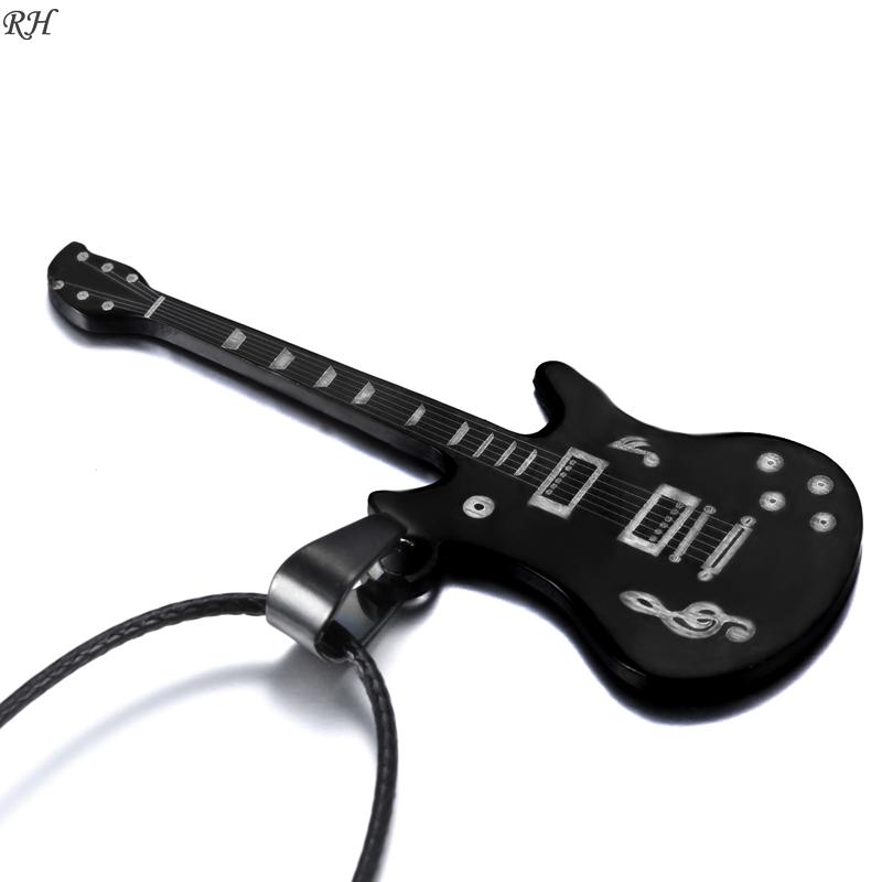 Fashion 316L Stainless Steel Guitar Pendant Necklace for Women Men Simple Black Leather Chain Necklaces Unisex Jewelry