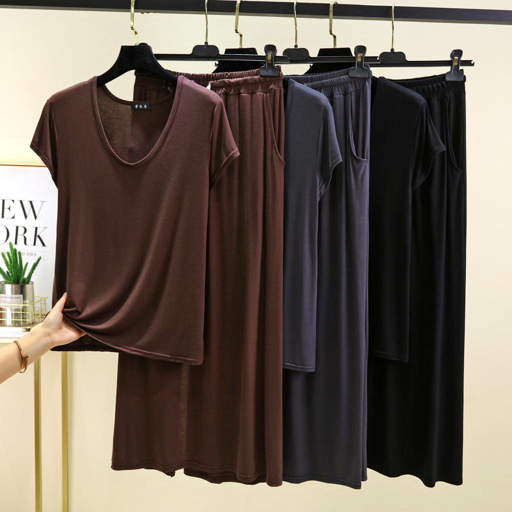 Modal homewear 2pcs suit U-Neck short sleeve Tshirts and Long skirt Plus size Loose fashion dress sets Women's matching set