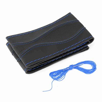 38cm 15in Lederlenkradbezug Handgenäht Prägung mit Nadel und Faden UniversalSchwarz Blau