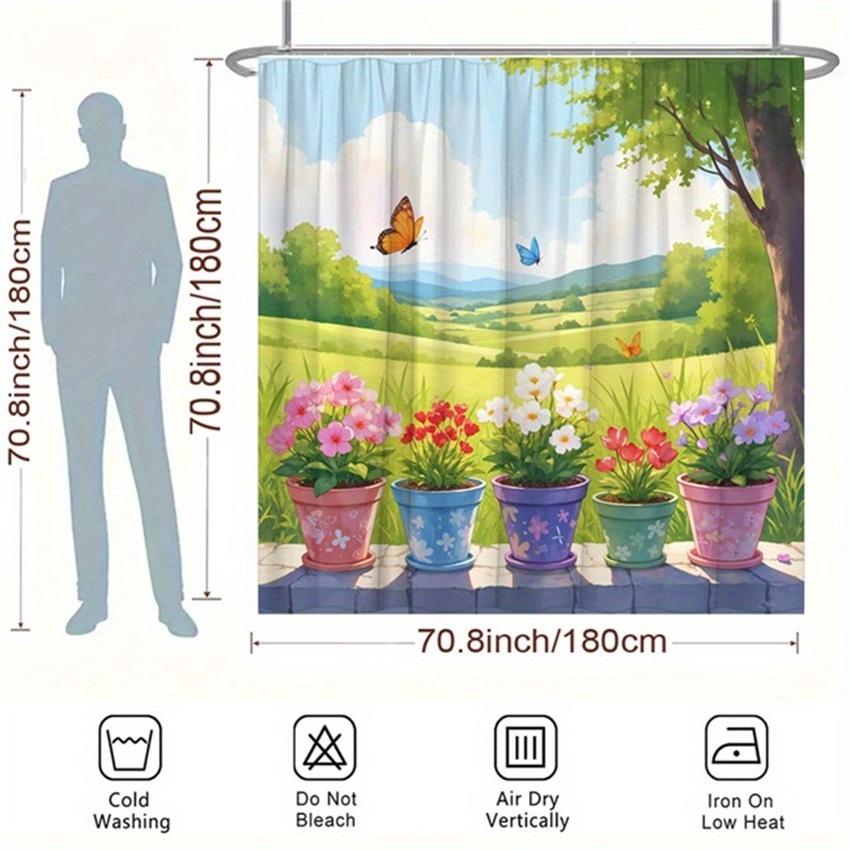 1pc Flower Pots Garden Shower Curtain - Colorful Flowers & Butterflies, Green Field, 70.8x70.8", 12 Hooks