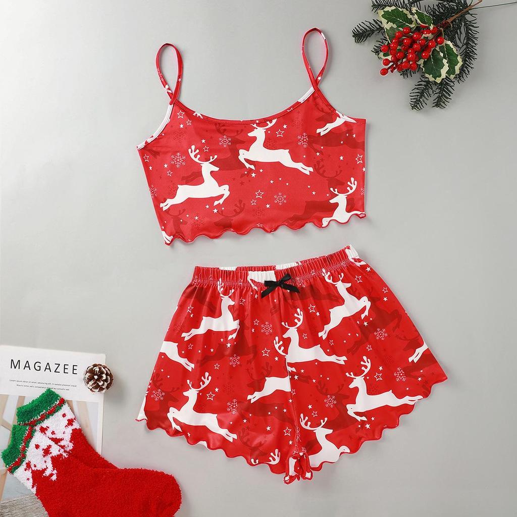 Christmas Style Sleeveless Milk Silk Pajama Set - Comfortable and Casual Two-Piece Homewear