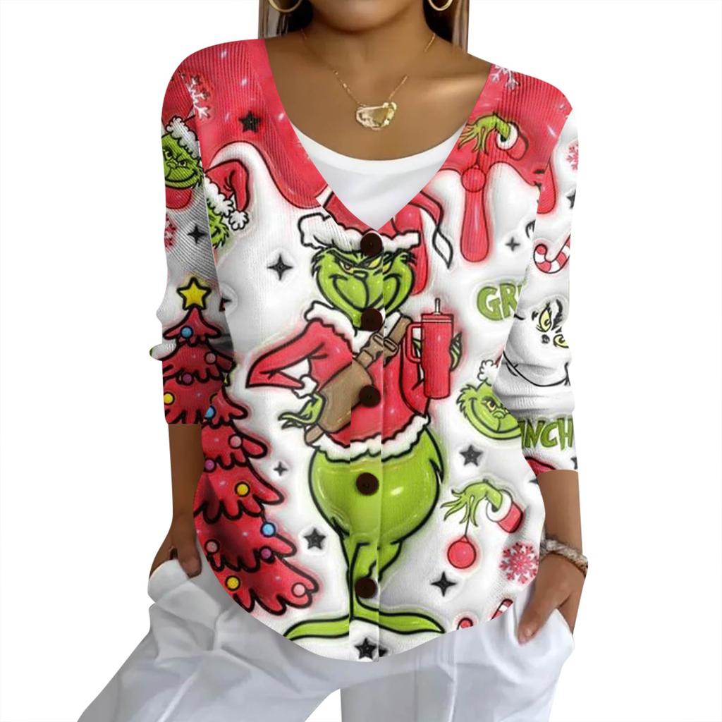 Women's Fashion Casual Knit Sweater Button-Up Christmas Print Cardigan Jacket