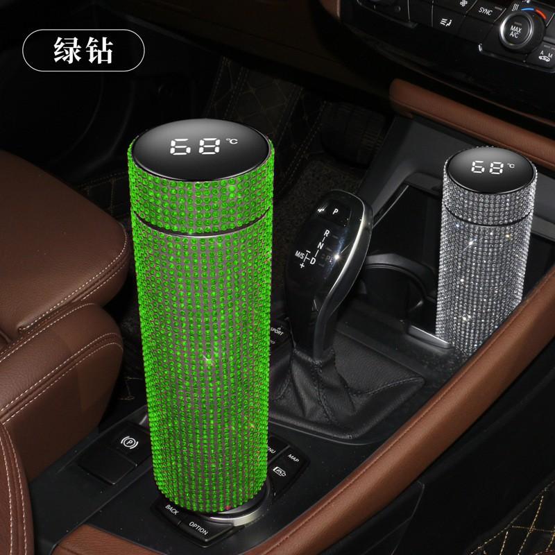 Stainless Steel Temperature Display Insulated Tumbler With Rhinestone Decor 500ml Straight Design Travel Cup Office Car