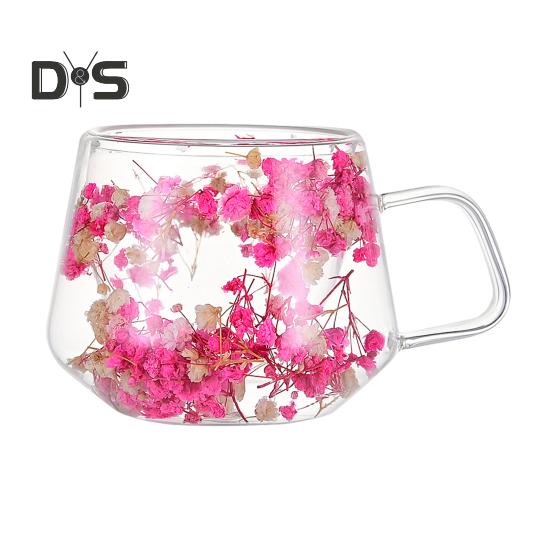 

200 мл прозрачная стеклянная кружка с двойными стенками, изолированная чашка с ручкой, эстетичный обезвоженный цветочный дизайн, термосохраняющий стакан для кофе, чая 200ML розовый