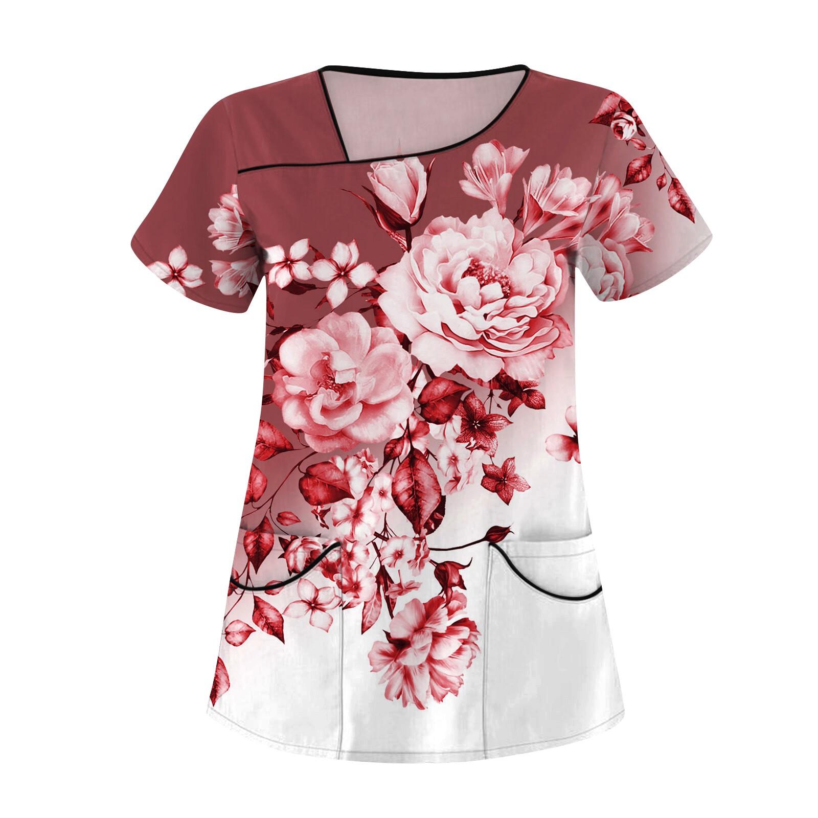 

Женская повседневная рабочая одежда с цветочным принтом и коротким рукавом с наклонным воротником и двойными карманами M киноварь